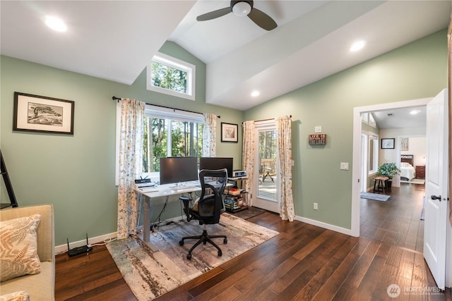 office featuring baseboards, dark wood-style flooring, ceiling fan, and high vaulted ceiling