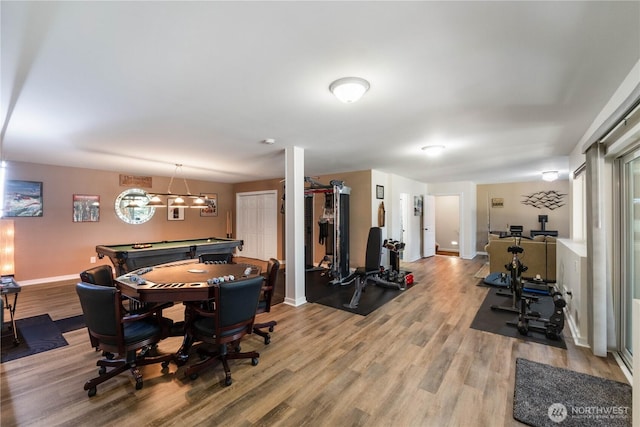 recreation room featuring baseboards, pool table, and light wood-style flooring