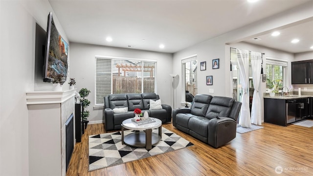 living room featuring a fireplace, light wood-type flooring, and recessed lighting