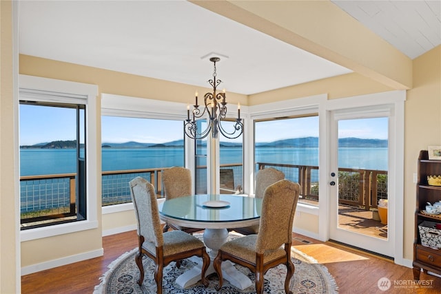 dining area featuring wood finished floors, a healthy amount of sunlight, baseboards, and an inviting chandelier