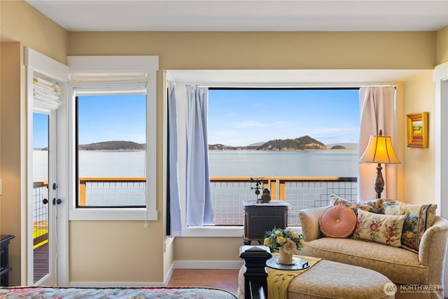 interior space with baseboards, wood finished floors, and a water view