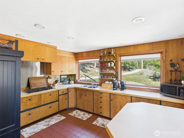 kitchen featuring a healthy amount of sunlight, stainless steel appliances, light countertops, and a sink