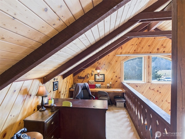 home office featuring wood ceiling, vaulted ceiling with beams, wooden walls, and carpet floors