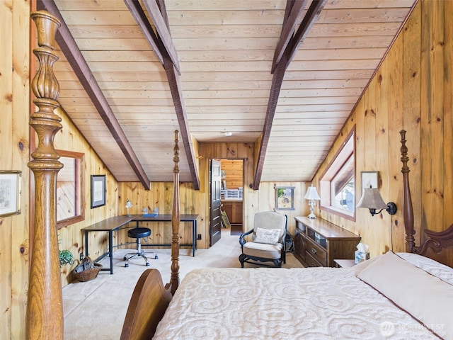 bedroom with wood ceiling, carpet floors, wood walls, and beam ceiling