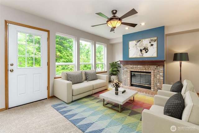 25171 13th Ave S, Des Moines, WA 98198 - living room featuring ceiling fan, recessed lighting, and a brick fireplace