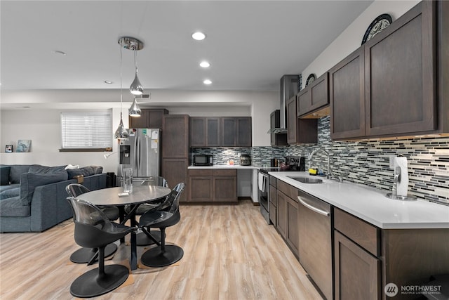17431 3rd Ave SE, Bothell, WA 98012 - kitchen featuring stainless steel appliances, a sink, dark brown cabinetry, open floor plan, and recessed lighting