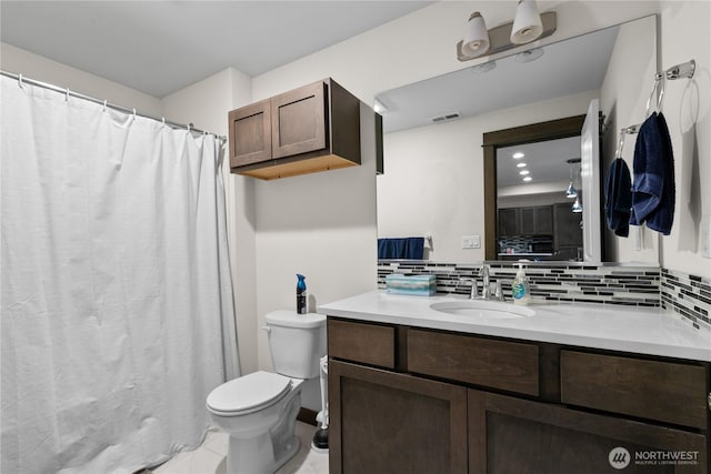 17431 3rd Ave SE, Bothell, WA 98012 - full bath with tasteful backsplash, toilet, vanity, and a shower with shower curtain