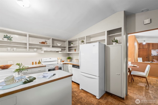 kitchen with white appliances, open shelves, lofted ceiling, light countertops, and under cabinet range hood
