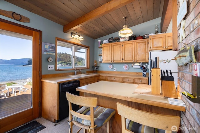 kitchen featuring light countertops, vaulted ceiling with beams, light carpet, a sink, and black dishwasher