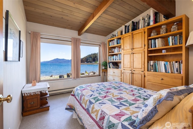 bedroom featuring a baseboard heating unit, a water and mountain view, wooden ceiling, and lofted ceiling with beams