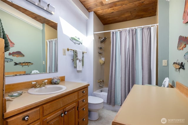 bathroom featuring shower / bath combo, wooden ceiling, vanity, and toilet