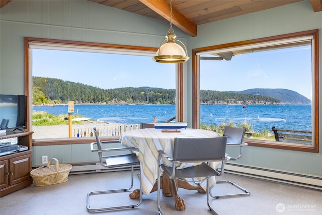 sunroom featuring plenty of natural light, a baseboard radiator, beamed ceiling, and a water view
