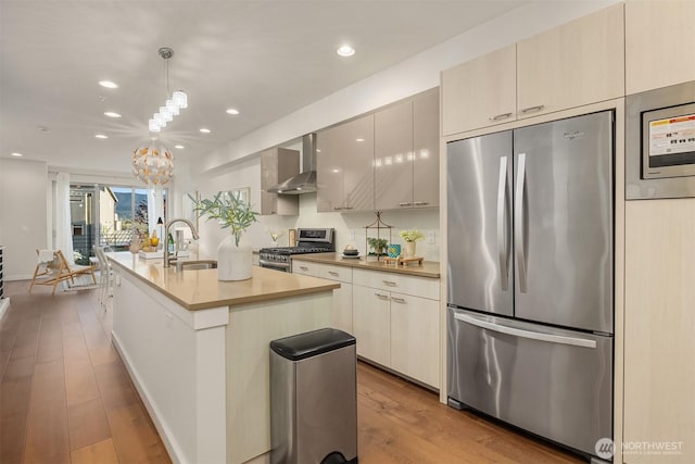 kitchen featuring wall chimney range hood, appliances with stainless steel finishes, a sink, recessed lighting, and wood finished floors