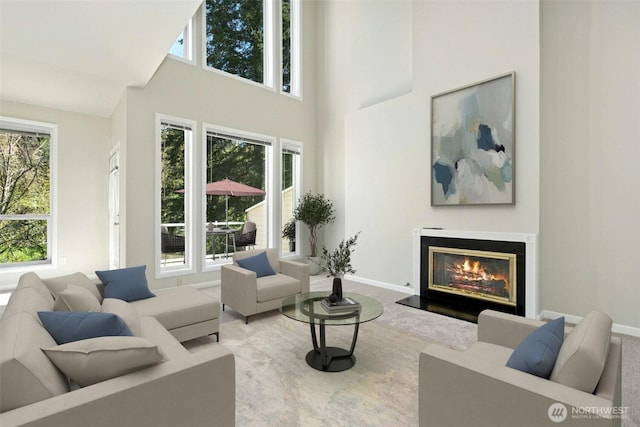 9821 NE Riverbend Dr Unit C102, Bothell, WA 98011 - living area with a high ceiling, a glass covered fireplace, and baseboards