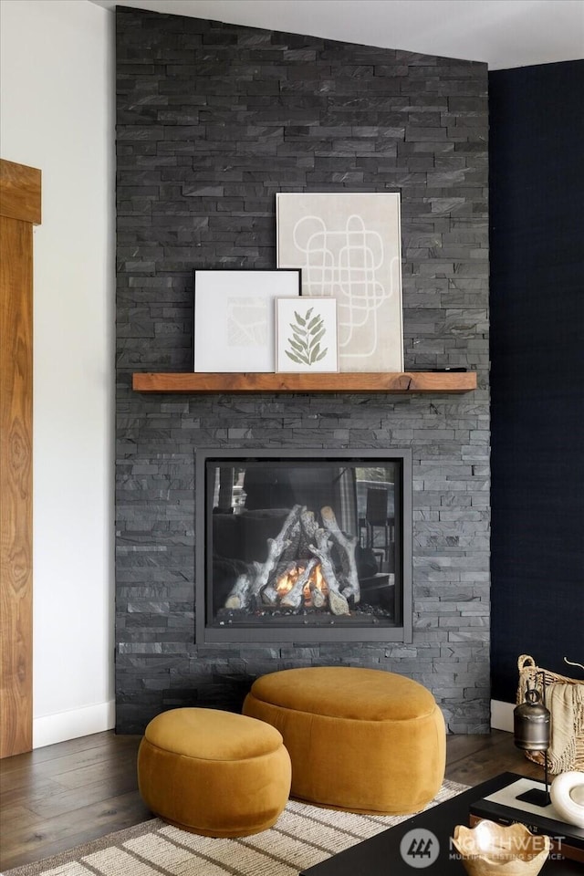 room details with baseboards, wood finished floors, and a fireplace