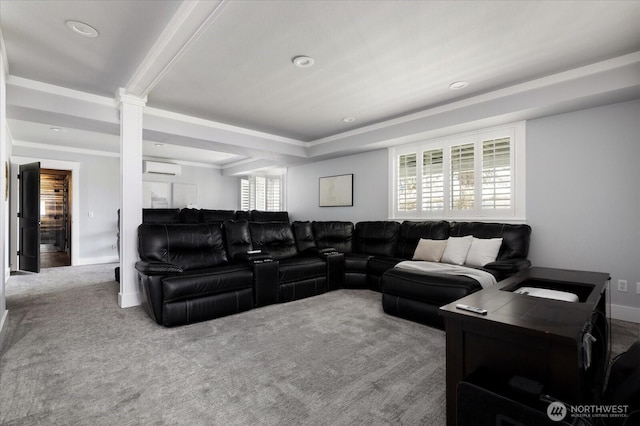 carpeted living area featuring recessed lighting, a wealth of natural light, a wall mounted AC, and baseboards