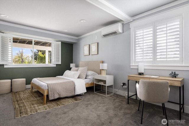 carpeted bedroom featuring baseboards, recessed lighting, and a wall mounted air conditioner