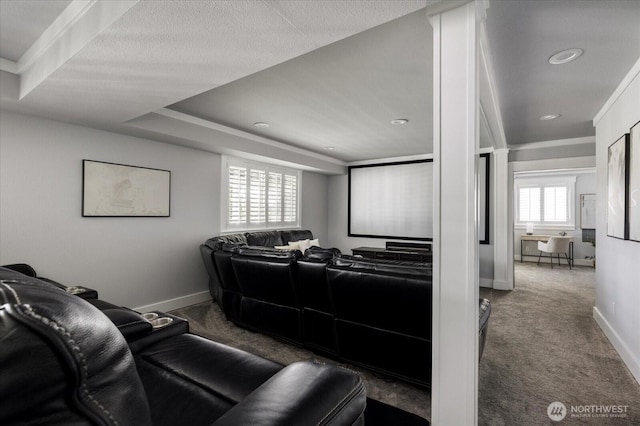 home theater with baseboards, carpet floors, and recessed lighting