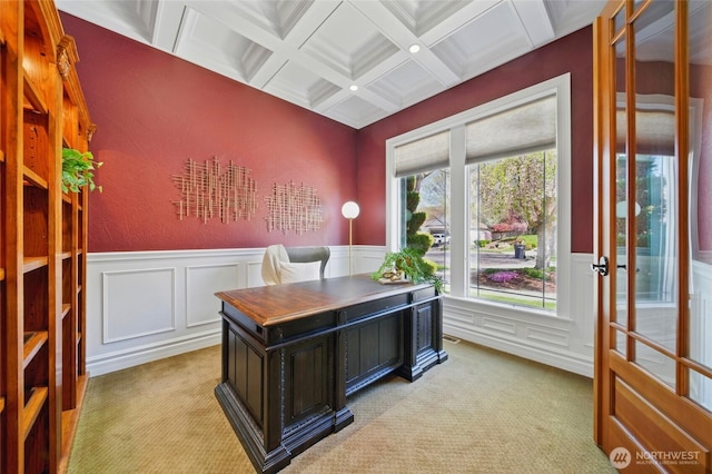162 Costello Pl, Walla Walla, WA 99362 - home office with a decorative wall, a wainscoted wall, light colored carpet, coffered ceiling, and beam ceiling