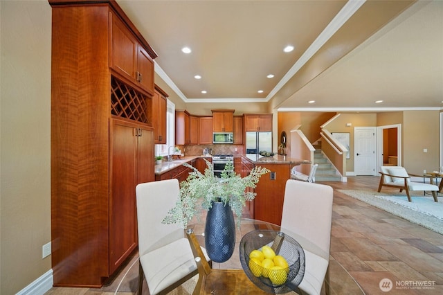 162 Costello Pl, Walla Walla, WA 99362 - dining room with baseboards, recessed lighting, stairway, and crown molding