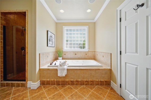 162 Costello Pl, Walla Walla, WA 99362 - bathroom with recessed lighting, tile patterned flooring, a shower stall, crown molding, and a garden tub
