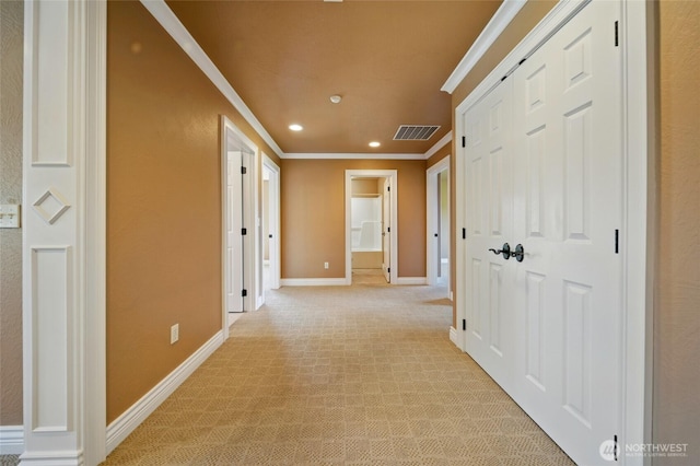 162 Costello Pl, Walla Walla, WA 99362 - hall with recessed lighting, visible vents, ornamental molding, baseboards, and light colored carpet