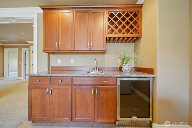162 Costello Pl, Walla Walla, WA 99362 - bar featuring a sink, beverage cooler, indoor wet bar, baseboards, and ornamental molding