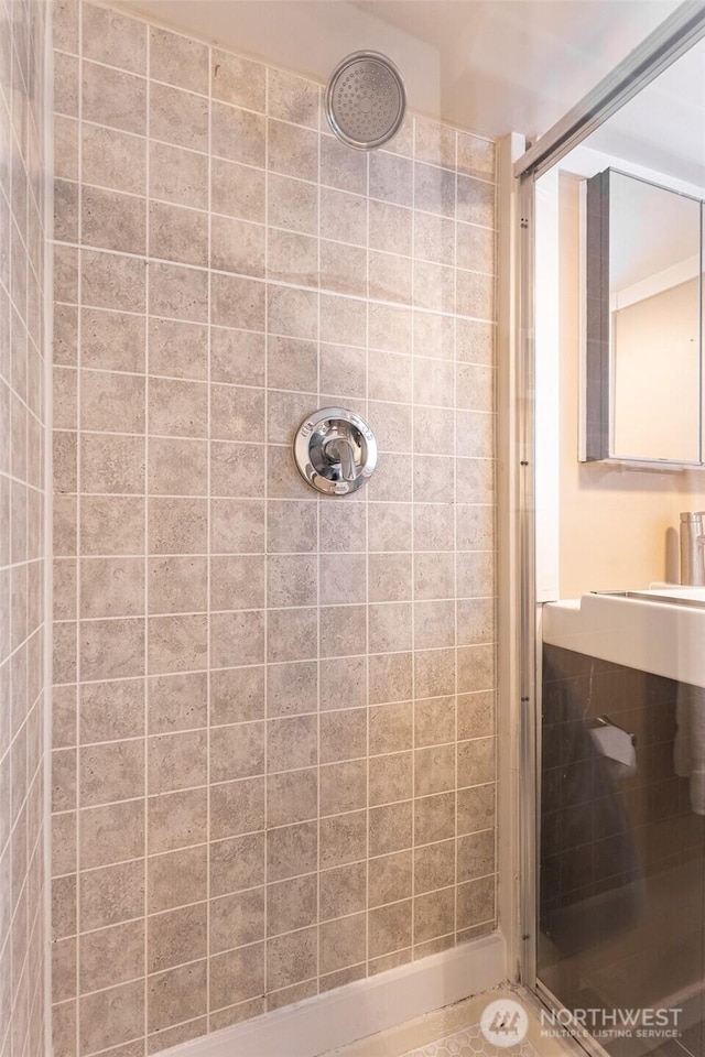 bathroom with a shower stall