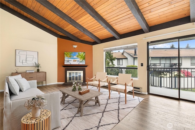 living area featuring wood ceiling, a glass covered fireplace, beam ceiling, and wood finished floors