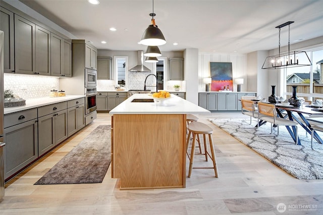 kitchen with wall chimney exhaust hood, decorative backsplash, gray cabinets, and stainless steel appliances