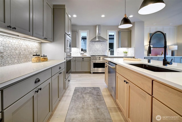 kitchen featuring tasteful backsplash, a sink, wall chimney exhaust hood, appliances with stainless steel finishes, and gray cabinetry