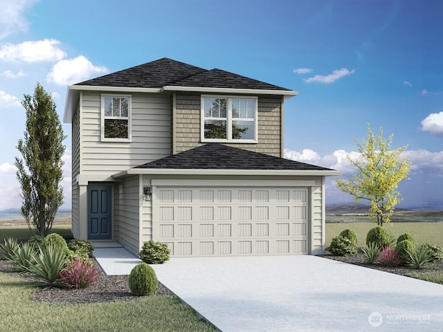 traditional-style home featuring a shingled roof, a garage, and concrete driveway