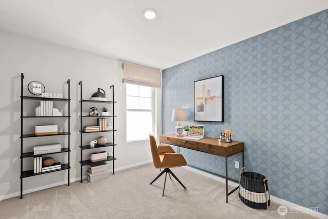 office space with wallpapered walls, carpet floors, and baseboards