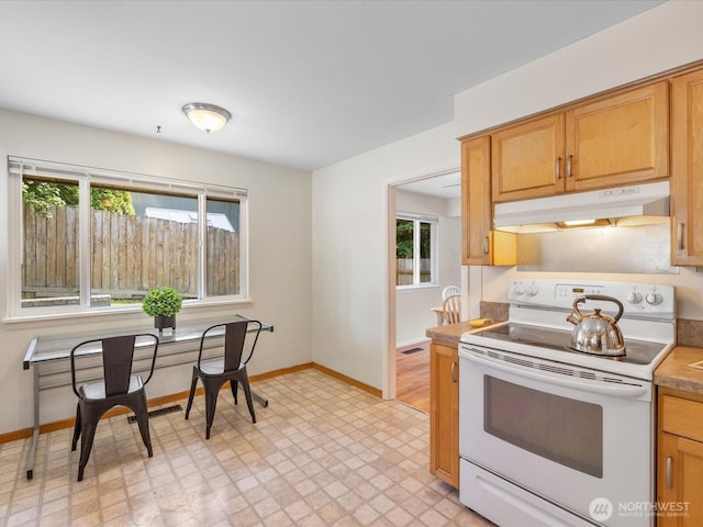 4913 W View Dr, Everett, WA 98203 - kitchen featuring white electric range, under cabinet range hood, and light flooring