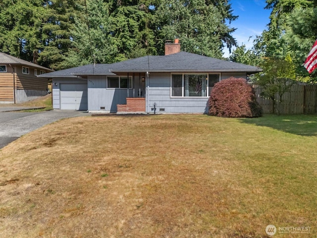 4913 W View Dr, Everett, WA 98203 - ranch-style house with a garage, a chimney, asphalt driveway, a shingled roof, and crawl space