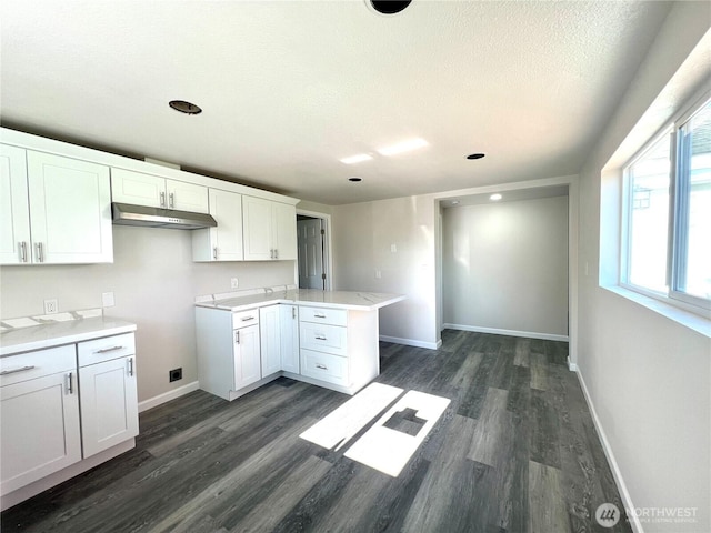 6321 Central Park Dr, Aberdeen, WA 98520 - kitchen featuring white cabinets, under cabinet range hood, baseboards, and dark wood-type flooring