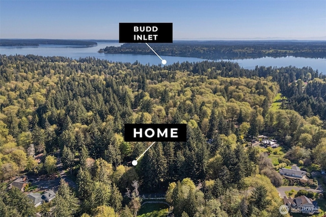 6044 Buckthorn Ct NW, Olympia, WA 98502 - birds eye view of property featuring a forest view and a water view