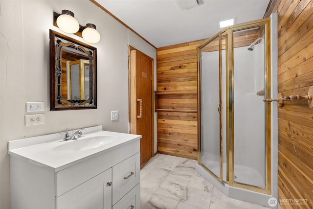 6044 Buckthorn Ct NW, Olympia, WA 98502 - full bath featuring marble finish floor, wooden walls, visible vents, vanity, and a stall shower