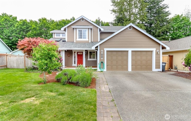 5475 Park Place Loop SE, Lacey, WA 98503 - traditional home featuring an attached garage, driveway, a shingled roof, and a porch