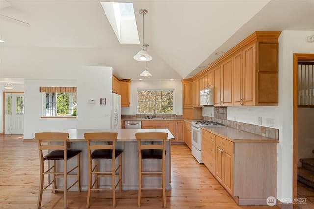 30729 76th Ave NW, Stanwood, WA 98292 - kitchen featuring lofted ceiling with skylight, light wood-type flooring, a sink, and white appliances