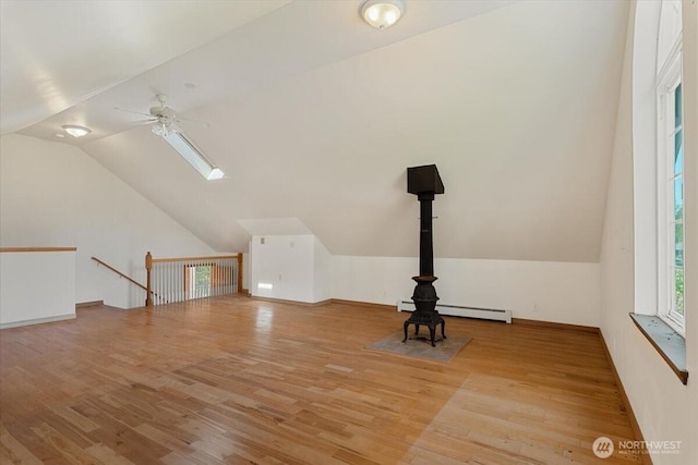 30729 76th Ave NW, Stanwood, WA 98292 - additional living space with baseboard heating, wood finished floors, ceiling fan, a wood stove, and lofted ceiling