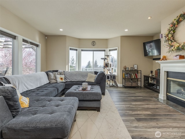 living room with a fireplace with flush hearth, plenty of natural light, wood finished floors, and recessed lighting