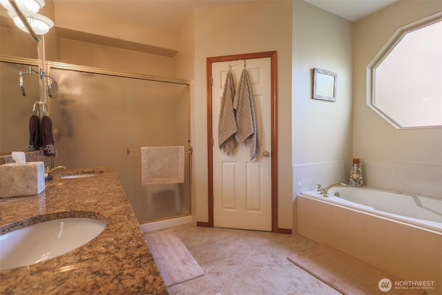 4404 Landmark Dr, Mount Vernon, WA 98274 - bathroom with a bath, a sink, a shower stall, and tile patterned flooring