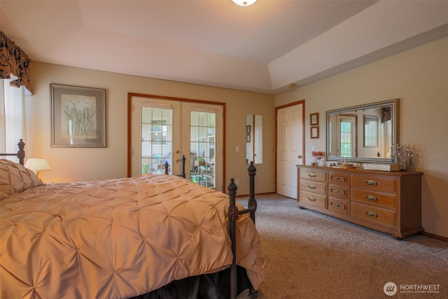 4404 Landmark Dr, Mount Vernon, WA 98274 - bedroom featuring a tray ceiling, light carpet, french doors, baseboards, and access to outside
