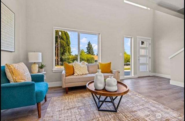 living area with a wealth of natural light, wood finished floors, a towering ceiling, and baseboards