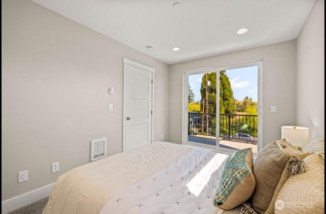 carpeted bedroom with recessed lighting, access to exterior, baseboards, and visible vents