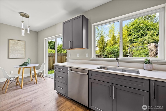13055 2nd Ave S Unit B, Burien, WA 98168 - kitchen with dishwasher, gray cabinetry, light countertops, wood finished floors, and decorative light fixtures
