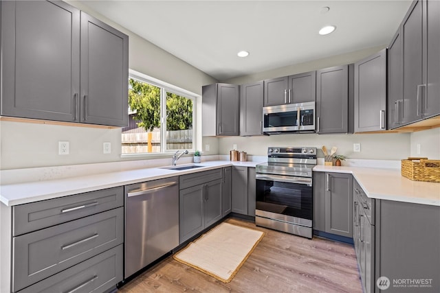 13055 2nd Ave S Unit B, Burien, WA 98168 - kitchen with stainless steel appliances, gray cabinetry, light wood-style floors, recessed lighting, and light countertops