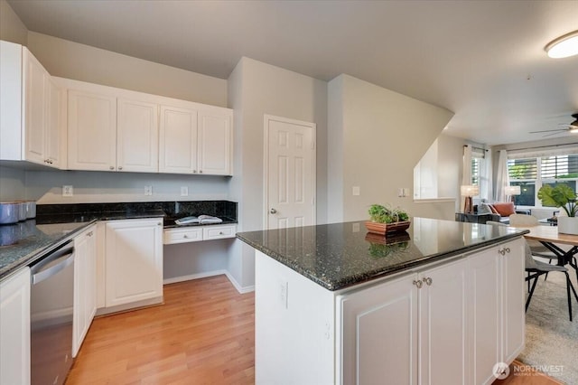 3116 164th St SW Unit 2101, Lynnwood, WA 98087 - kitchen with dishwasher, open floor plan, light wood-type flooring, white cabinets, and a ceiling fan