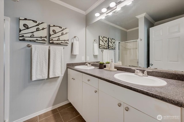 3116 164th St SW Unit 2101, Lynnwood, WA 98087 - full bath featuring crown molding, a shower stall, baseboards, and double vanity